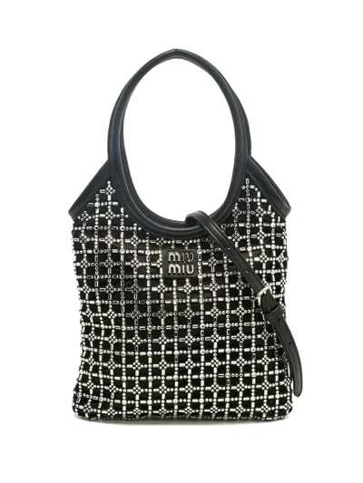 Pre-owned Miu Miu Leather Crystal Tote Bag In Black
