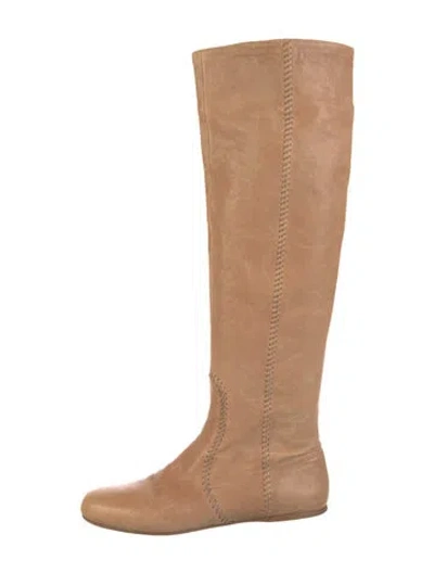 Pre-owned Miu Miu Leather Embroidered Accent Boots In Brown
