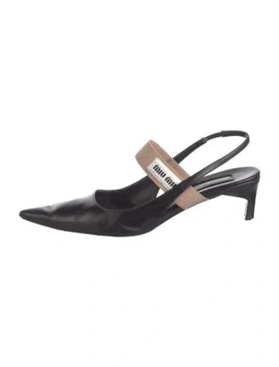 Pre-owned Miu Miu Leather Embroidered Accent Slingback Flats In Black