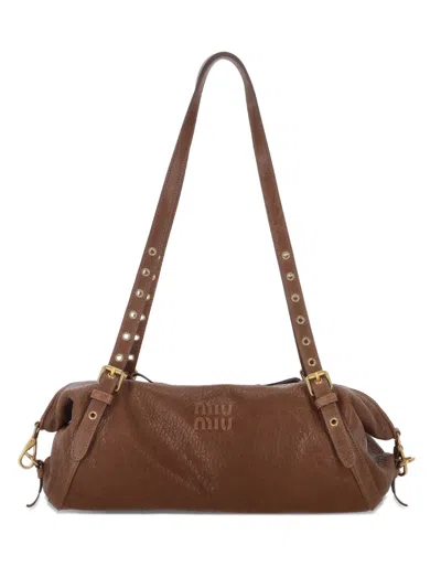 Miu Miu Leather Eyeleted Tote Bag In Brown