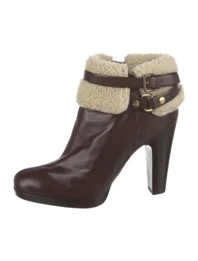 Pre-owned Miu Miu Leather Faux Fur Trim Boots In Brown