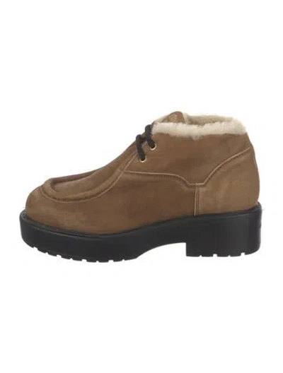 Pre-owned Miu Miu Leather Faux Fur Trim Lace-up Boots In Brown