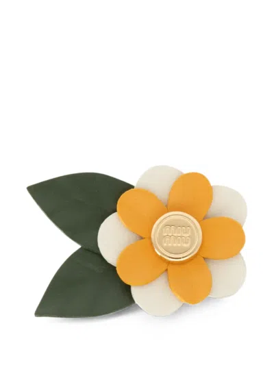 Miu Miu Leather Floral Brooch In Multi