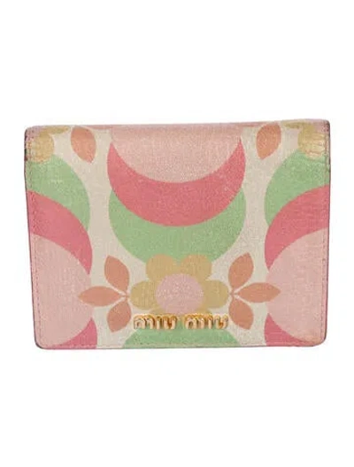 Pre-owned Miu Miu Leather Floral Print Bifold Wallet In Pink