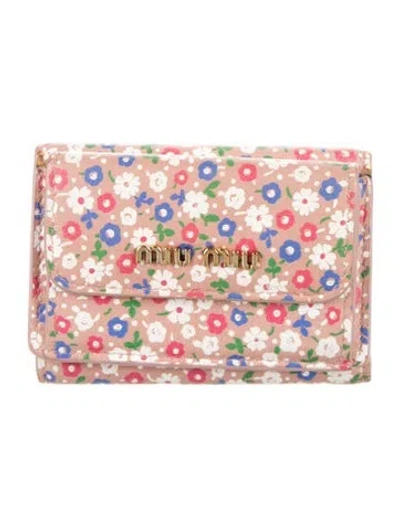 Pre-owned Miu Miu Leather Floral Print Pouch In Pink