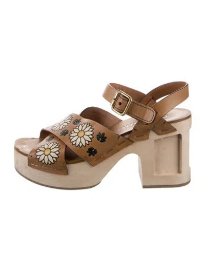 Pre-owned Miu Miu Leather Floral Print Sandals In Brown