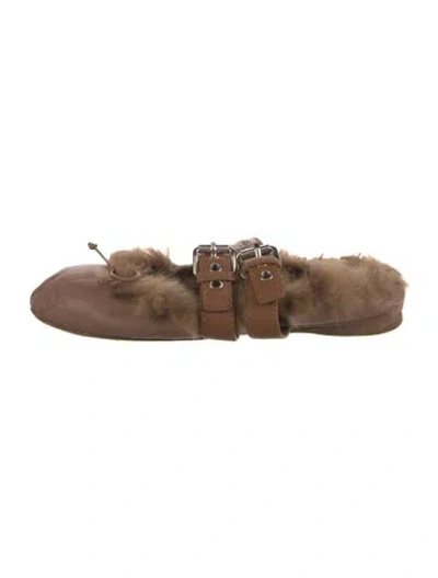 Pre-owned Miu Miu Leather Fur Trim Ballet Flats In Brown