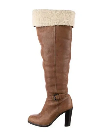 Pre-owned Miu Miu Leather Fur Trim Boots In Brown