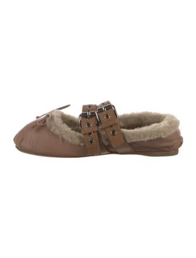 Pre-owned Miu Miu Leather Fur Trim Flats In Brown