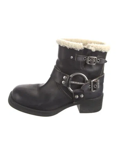 Pre-owned Miu Miu Leather Fur Trim Moto Boots In Black