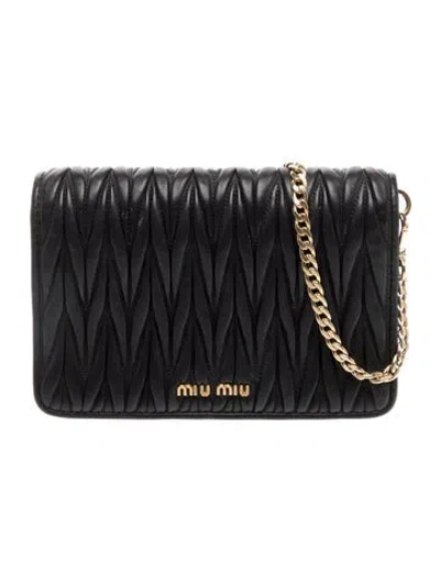 Pre-owned Miu Miu Leather Gaufre Wallet On Chain In Black