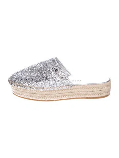 Pre-owned Miu Miu Leather Glitter Accents Espadrilles In Metallic/silver