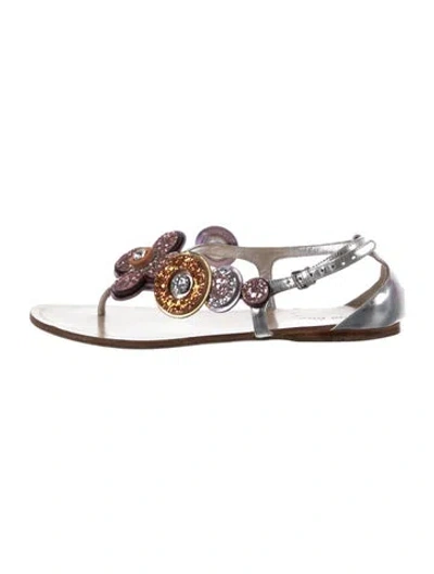 Pre-owned Miu Miu Leather Glitter Accents Sandals In Metallic/silver