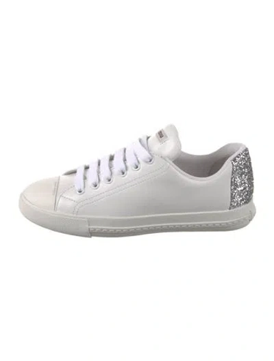 Pre-owned Miu Miu Leather Glitter Accents Sneakers In White