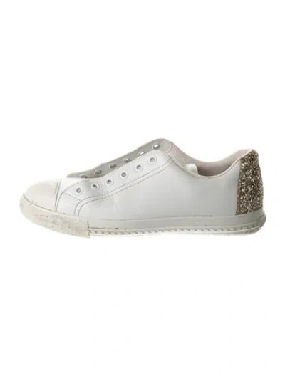 Pre-owned Miu Miu Leather Glitter Accents Sneakers In White