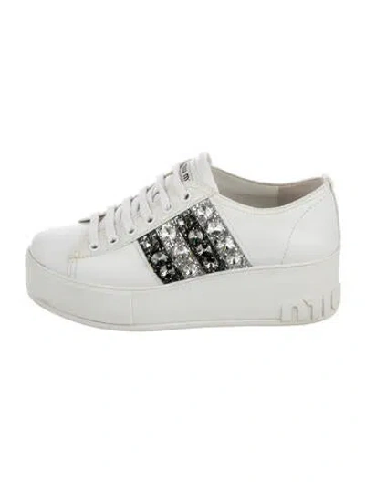 Pre-owned Miu Miu Leather Graphic Print Chunky Sneakers In White