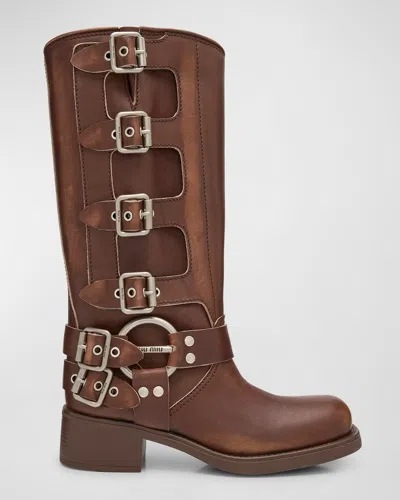 Miu Miu Leather Harness Buckle Biker Boots In Bruciato