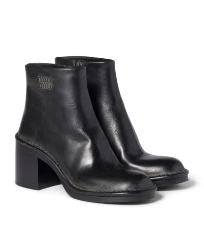 Miu Miu Leather Heeled Ankle Boots 70 In Black