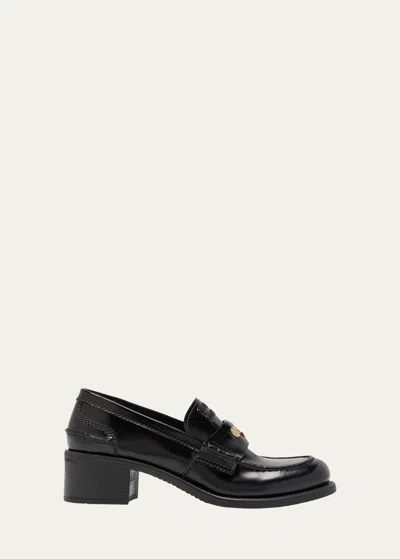 MIU MIU LEATHER HEELED PENNY LOAFERS