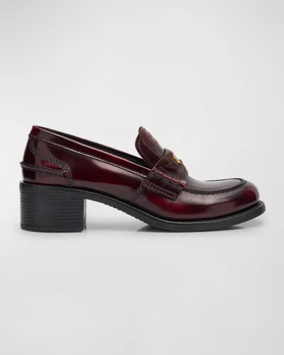 MIU MIU LEATHER HEELED PENNY LOAFERS