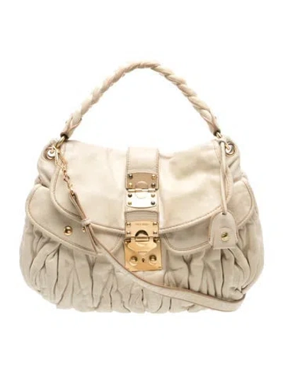 Pre-owned Miu Miu Leather Hobo In Neutral