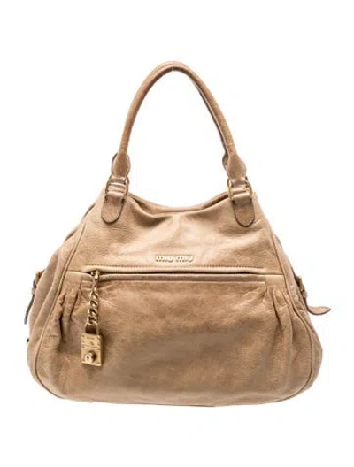 Pre-owned Miu Miu Leather Hobo In Neutral