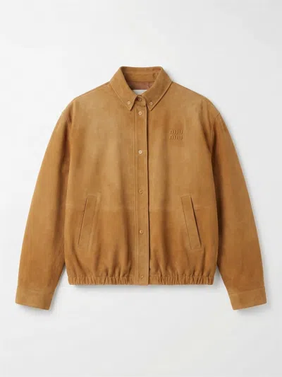 Miu Miu Leather Jacket In Brown
