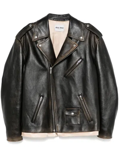 Miu Miu Klassische Lederjacke In Senape+nero