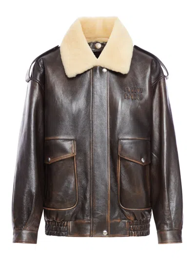 MIU MIU LEATHER JACKET WITH SHEARLING COLLAR