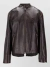 Miu Miu Leather Jacket With Stand Collar And Pockets In Brown