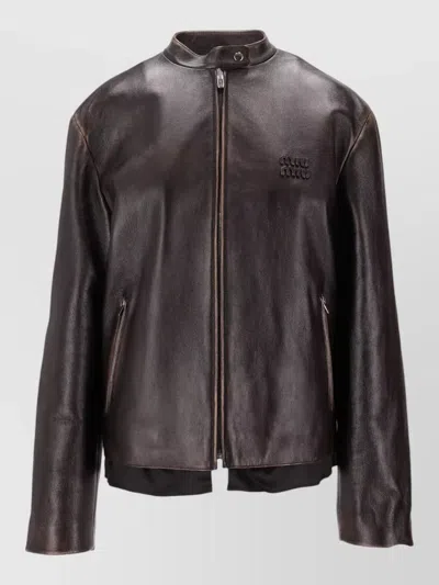 MIU MIU LEATHER JACKET WITH STAND COLLAR AND POCKETS