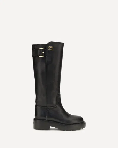 Miu Miu Leather Knee-high Boots With Buckle Detail In Black