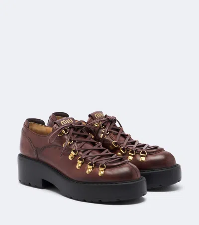 Miu Miu Leather Lace-up Loafers In Brown