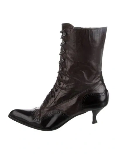 Pre-owned Miu Miu Leather Lasercut Accents Lace-up Boots In Brown