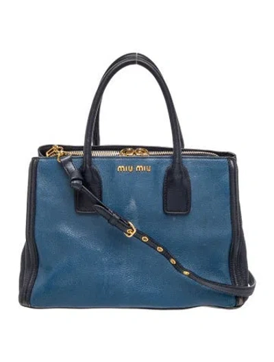Pre-owned Miu Miu Leather Leather Madras Handle Bag In Blue