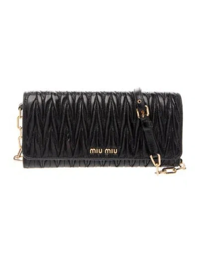 Pre-owned Miu Miu Leather Leather Matelassé Wallet On Chain In Black