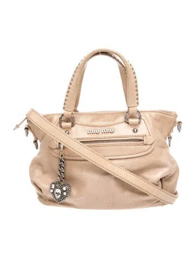 Pre-owned Miu Miu Leather Leather Studded Heart Charm Handle Bag In Neutral