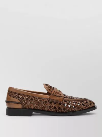 Miu Miu Leather Loafers Round Toe Woven Design In Brown