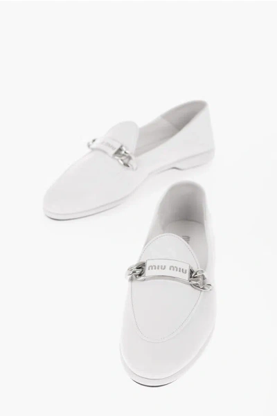 Miu Miu Leather Loafers Wiith Plaque Detail In White