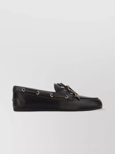 Miu Miu Leather Loafers With Lace Detail And Metal Eyelets In Black