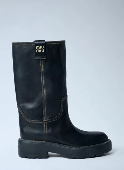 Miu Miu Leather Logo Motif Boots In Black
