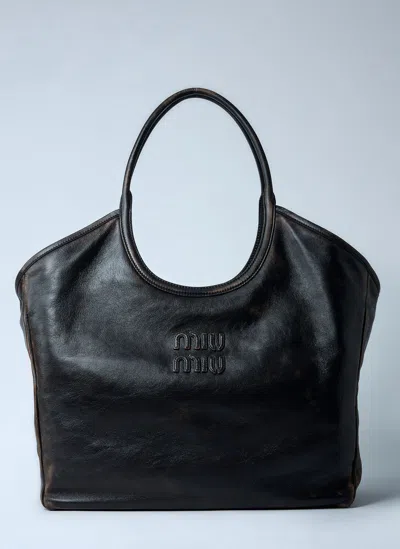 Miu Miu Leather Logo Motif Tote Bag In Brown