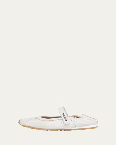 Miu Miu Leather Mary Jane Ballerina Sneakers In Bianco