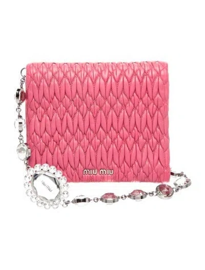 Pre-owned Miu Miu Leather Matelassé Crystal Flap Clutch Vintage In Pink