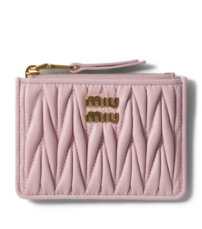 Miu Miu Leather Matelassé Zipped Card Holder In Pink