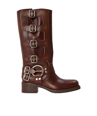 Miu Miu Leather Mid-calf Biker Boot Decorated In Brown