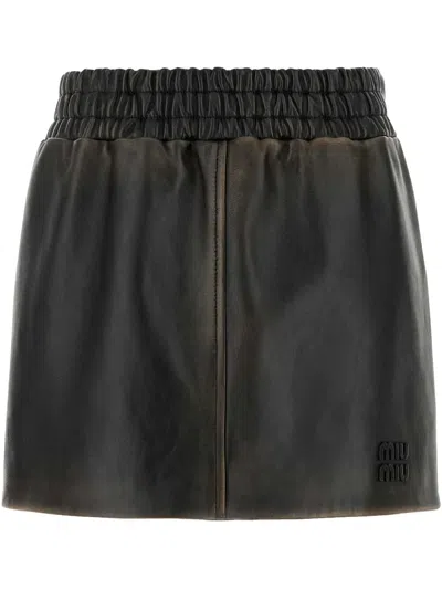 Miu Miu Women's Dark Nappa Leather Mini Skirt In Black
