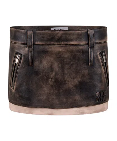 Miu Miu Leather Mini Skirt In Brown