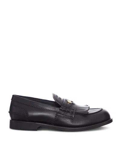 Miu Miu Leather Moccasin With Fringes And Logo Detail In Black