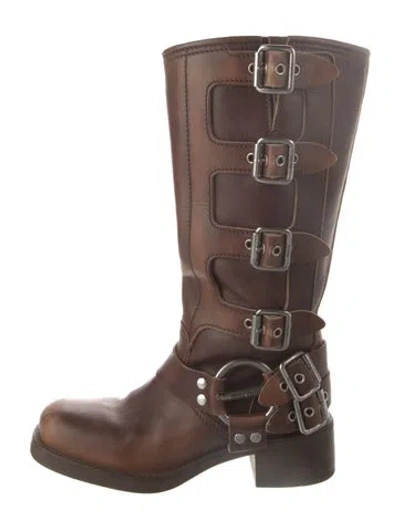 Pre-owned Miu Miu Leather Moto Boots In Brown
